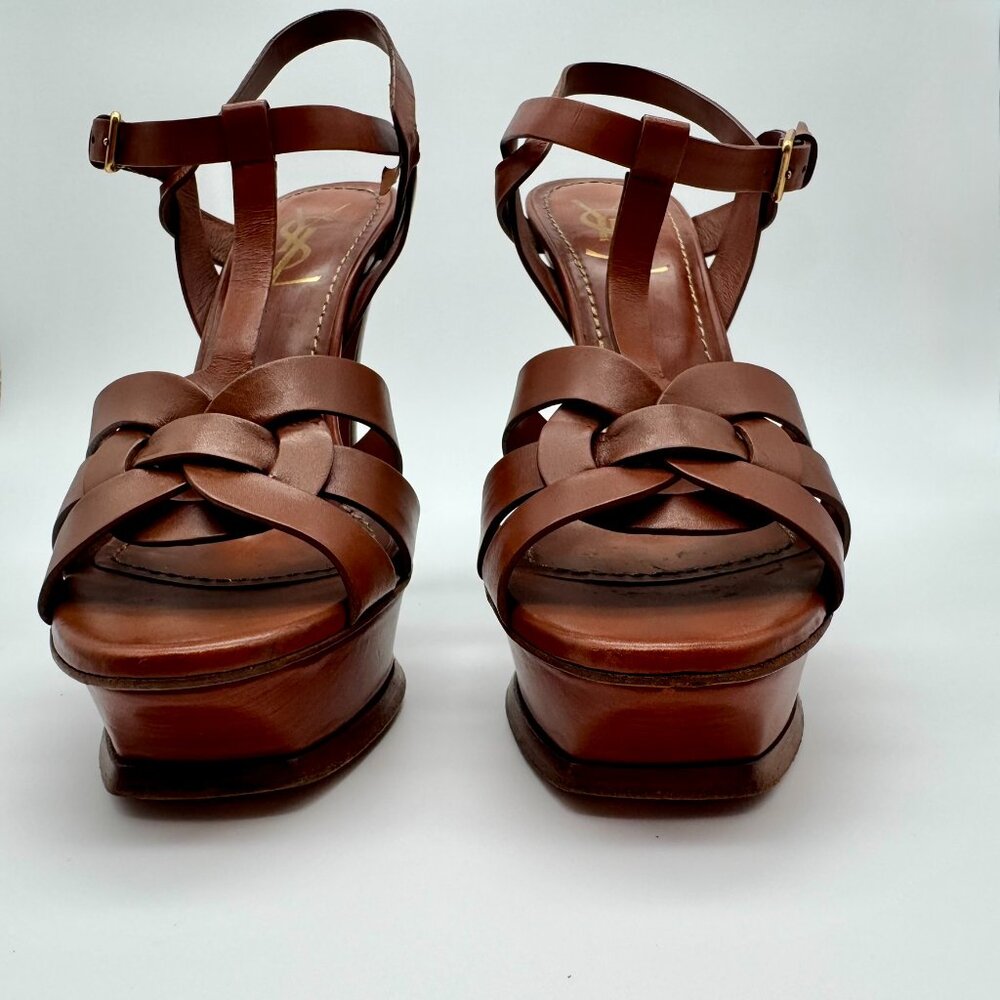 Saint Laurent YSL Tribute Brown Leather Platform Sandals Size 37 US 7 - Picture 6 of 8